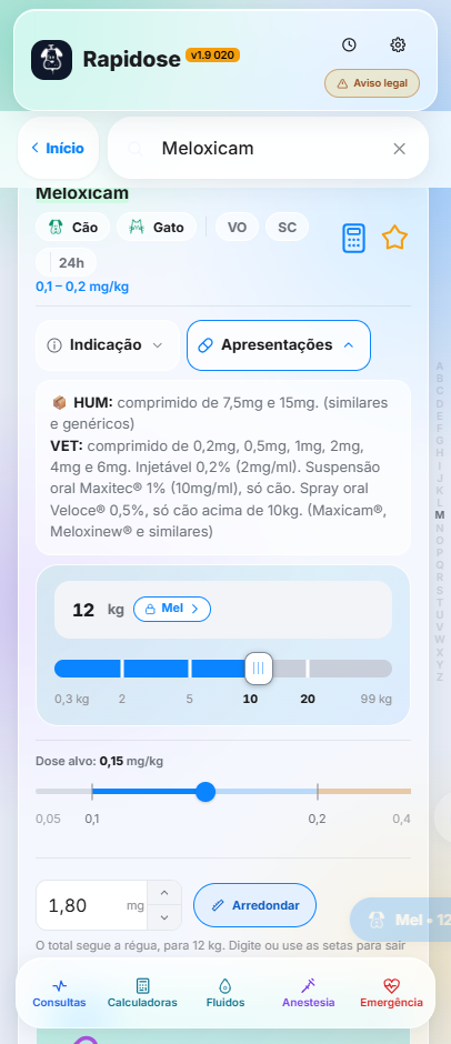 A dobra de apresentações do meloxicam aberta, separando produtos humanos e veterinários com concentração e marca