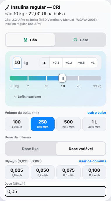 Calculadora de insulina em infusão contínua: cão de 10 kg, volume da bolsa em 250 mL e escolha entre dose fixa e dose variável