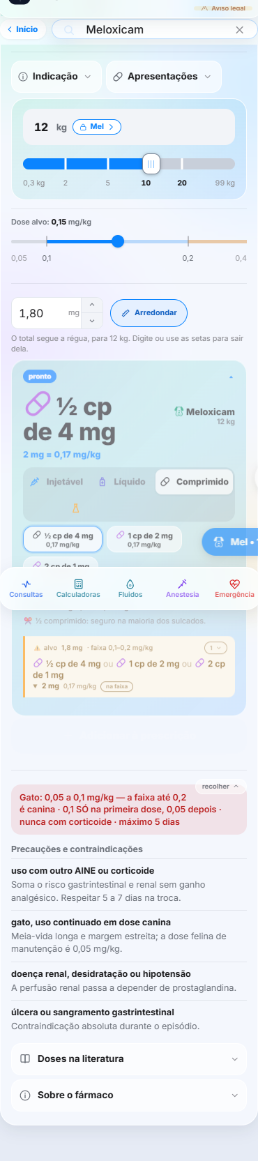 O card do meloxicam inteiro, do peso até as dobras de literatura, com o alerta felino em destaque e as precauções listadas
