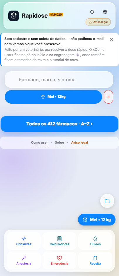 Tela de Início do Rapidose: busca por fármaco, marca ou sintoma, o paciente ativo, o botão dos 412 fármacos e os seis módulos
